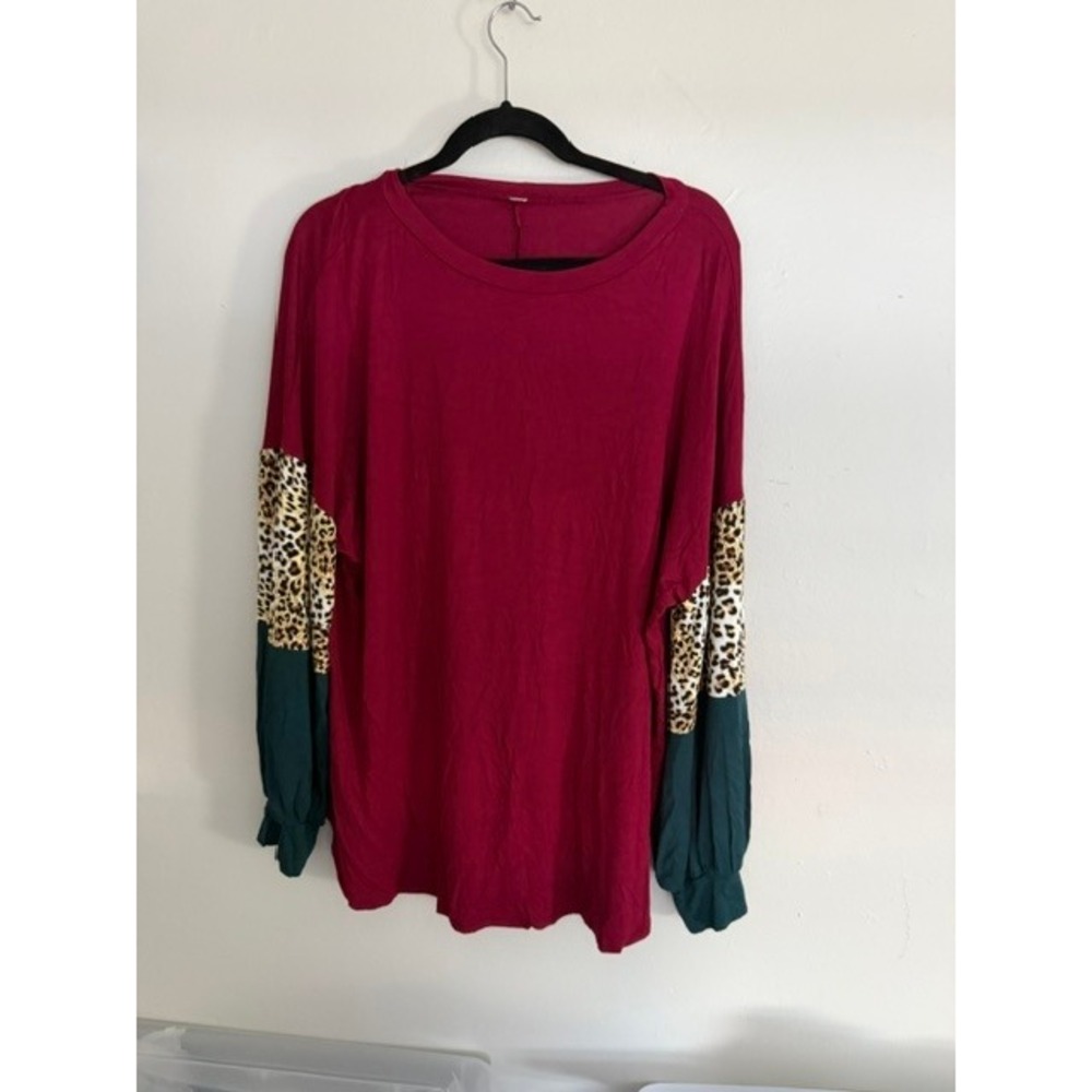 Emerald Womens 3X Burgundy Leopard Colorblock Balloon Sleeve Top Blouse